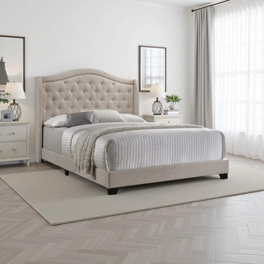 Fabric Upholstered Wooden Demi Wing Full Bed with Camelback Headboard,Beige