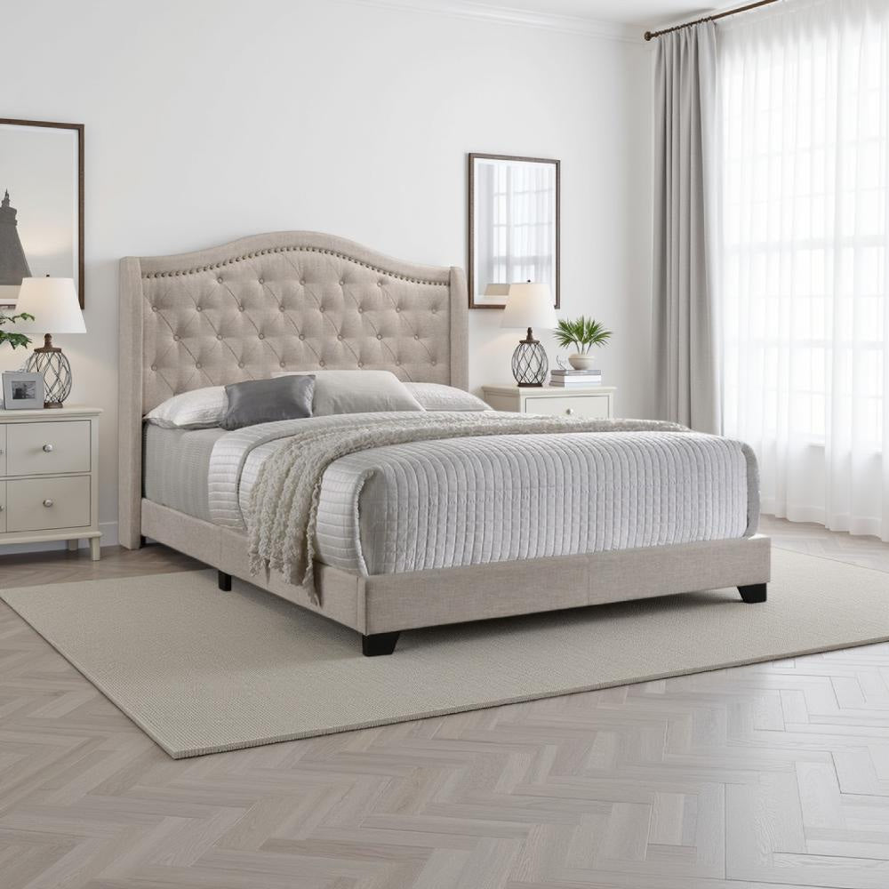 Fabric Upholstered Wooden Demi Wing Full Bed with Camelback Headboard,Beige