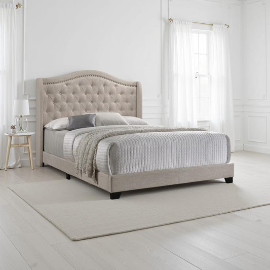 Fabric Upholstered Eastern King Bed with Camelback Headboard, Beige