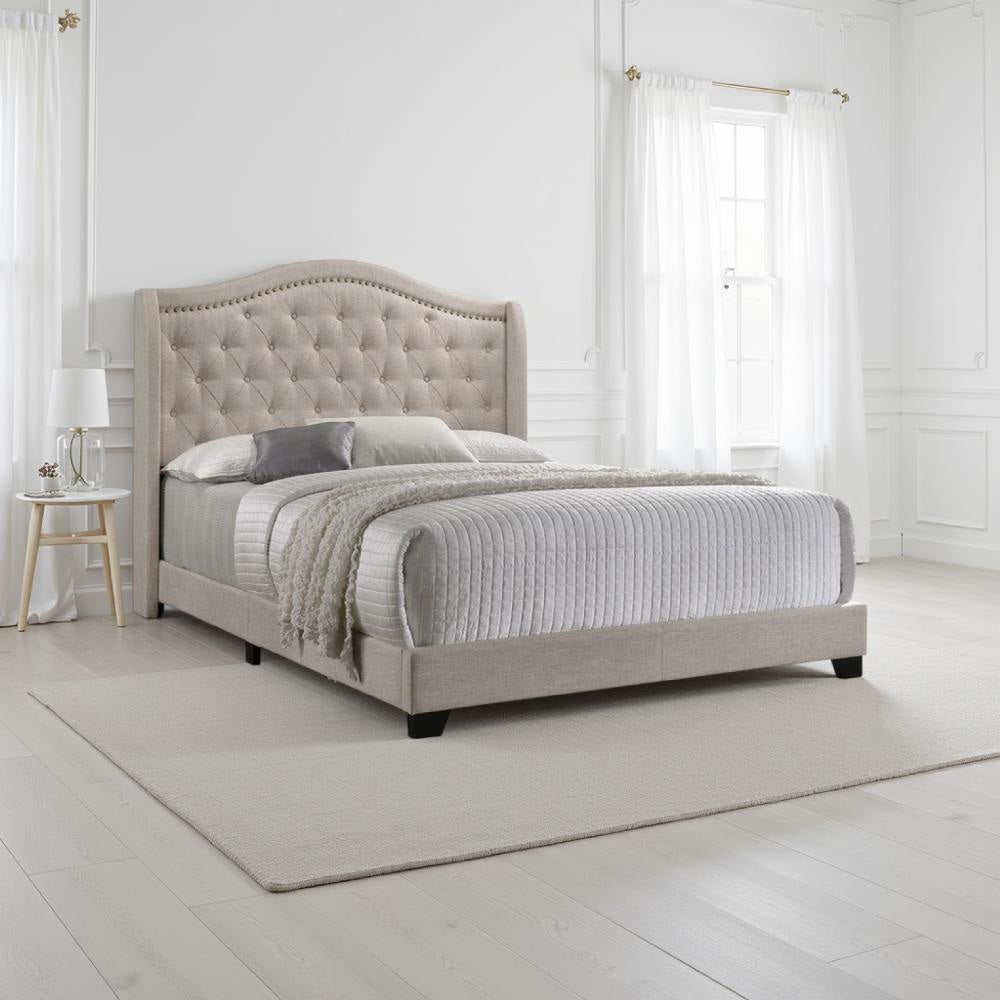 Fabric Upholstered Eastern King Bed with Camelback Headboard, Beige