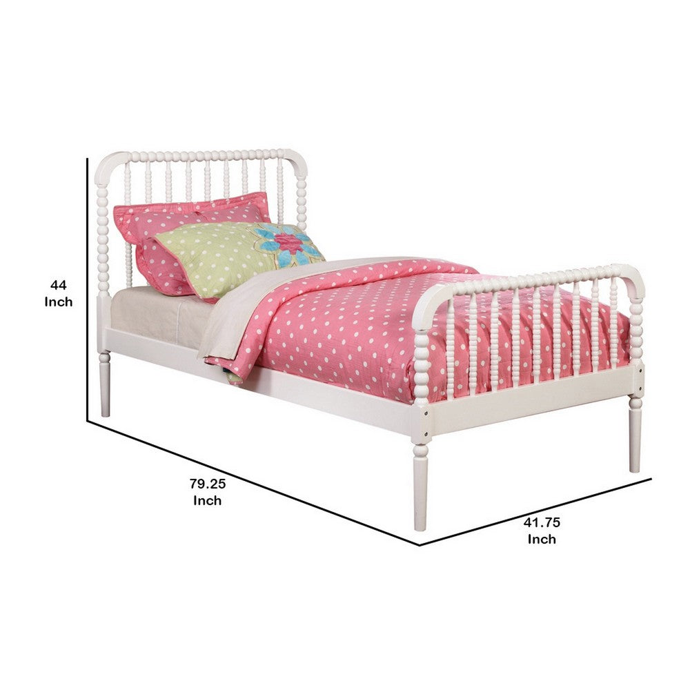 Wooden Twin Bed with Bobbin Style Slatted Headboard and Footboard, White