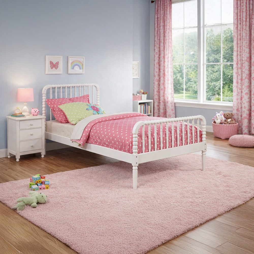 Wooden Twin Bed with Bobbin Style Slatted Headboard and Footboard, White