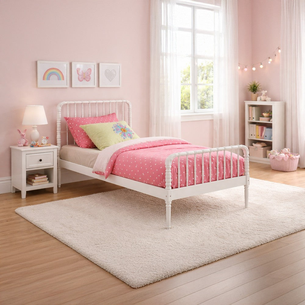 Wooden Twin Bed with Bobbin Style Slatted Headboard and Footboard, White