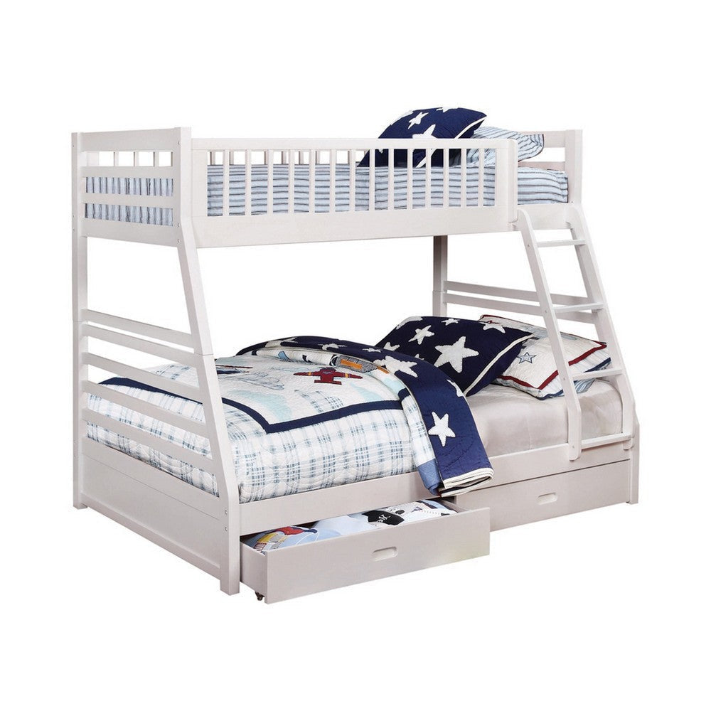 Wooden Twin Over Full Bunk Bed with Wheel Supported Bottom Drawers, White