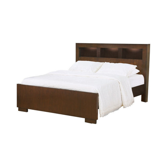 3 Open Bookcase Eastern King Size Bed with Soft Light, Brown