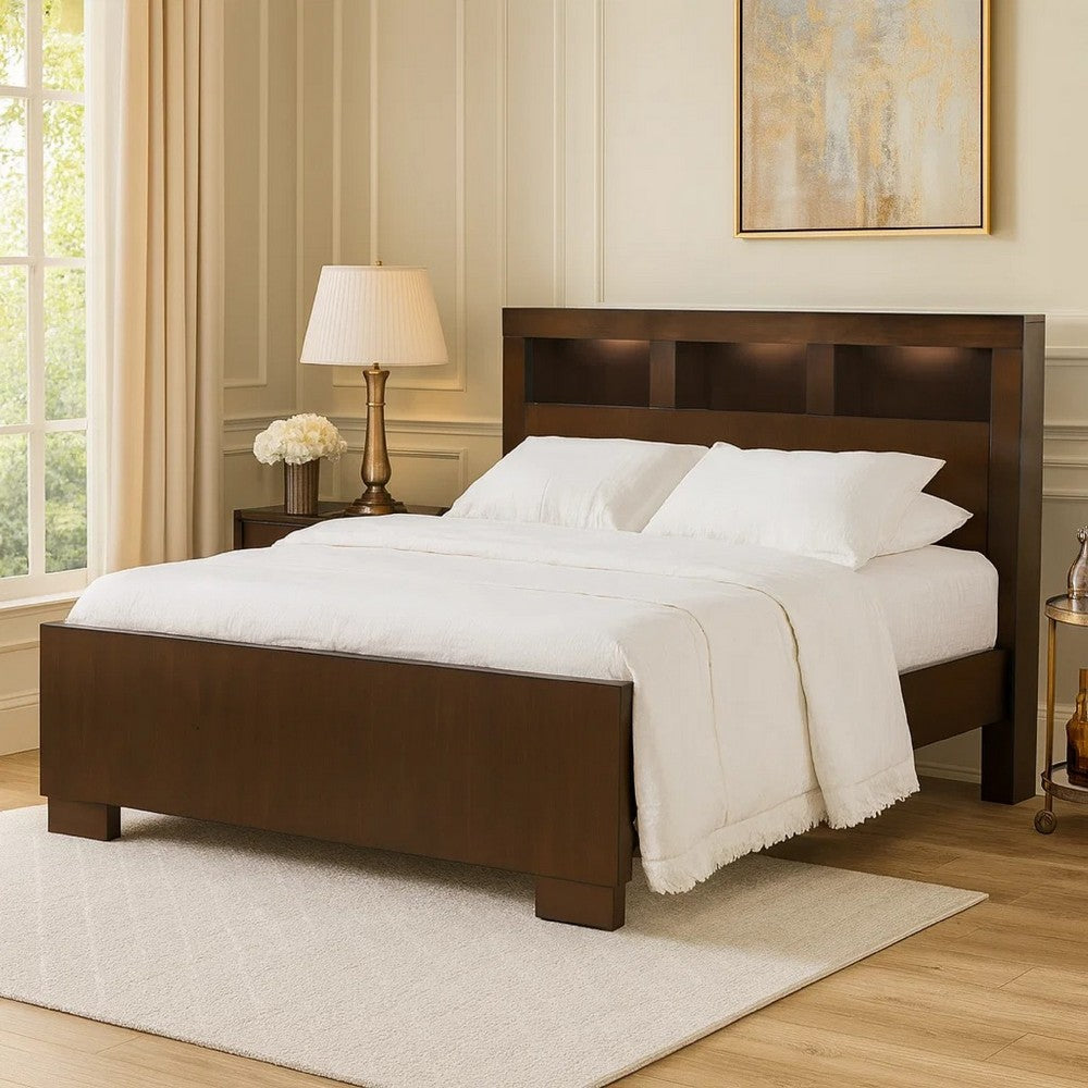 3 Open Bookcase Queen King Size Bed with Soft Light, Brown