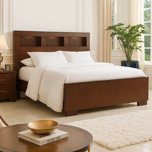 3 Open Bookcase Queen King Size Bed with Soft Light, Brown