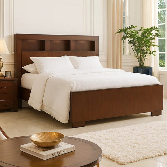 3 Open Bookcase Queen King Size Bed with Soft Light, Brown