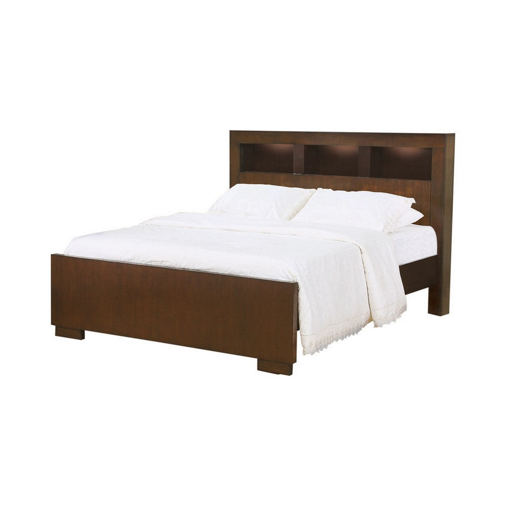 3 Open Bookcase Queen King Size Bed with Soft Light, Brown