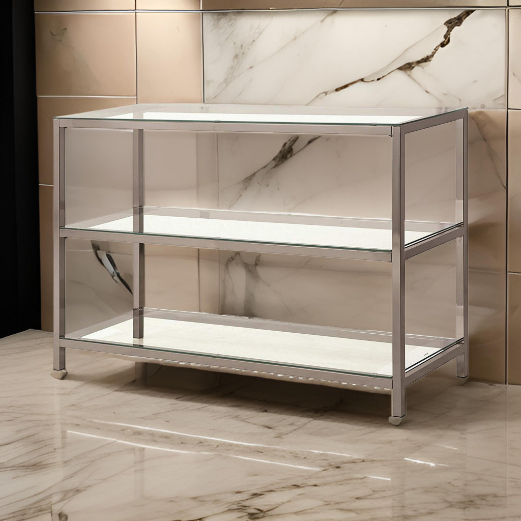 Glass and Metal Frame Sofa Table with 2 Open Shelves, Silver and Clear By Casagear Home