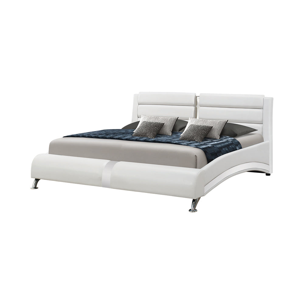 Curved Leatherette Queen Size Bed with Cushioned Paneling, White
