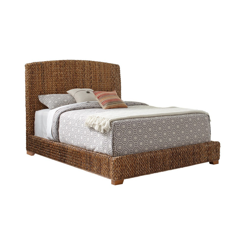 Hand Woven Banana Leaf Queen Size Bed with Chamfered Legs, Brown