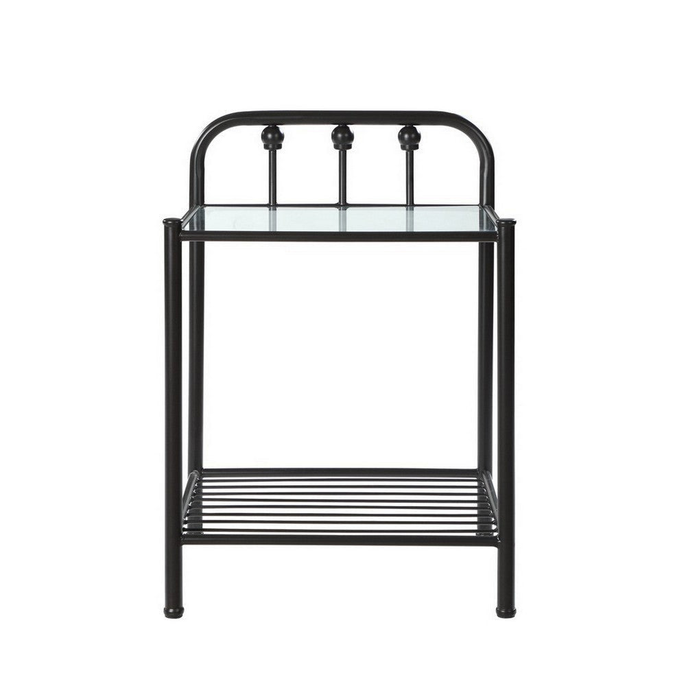 Metal Nightstand with Glass Top and Slated Open Bottom Shelf Black By Casagear Home BM216073