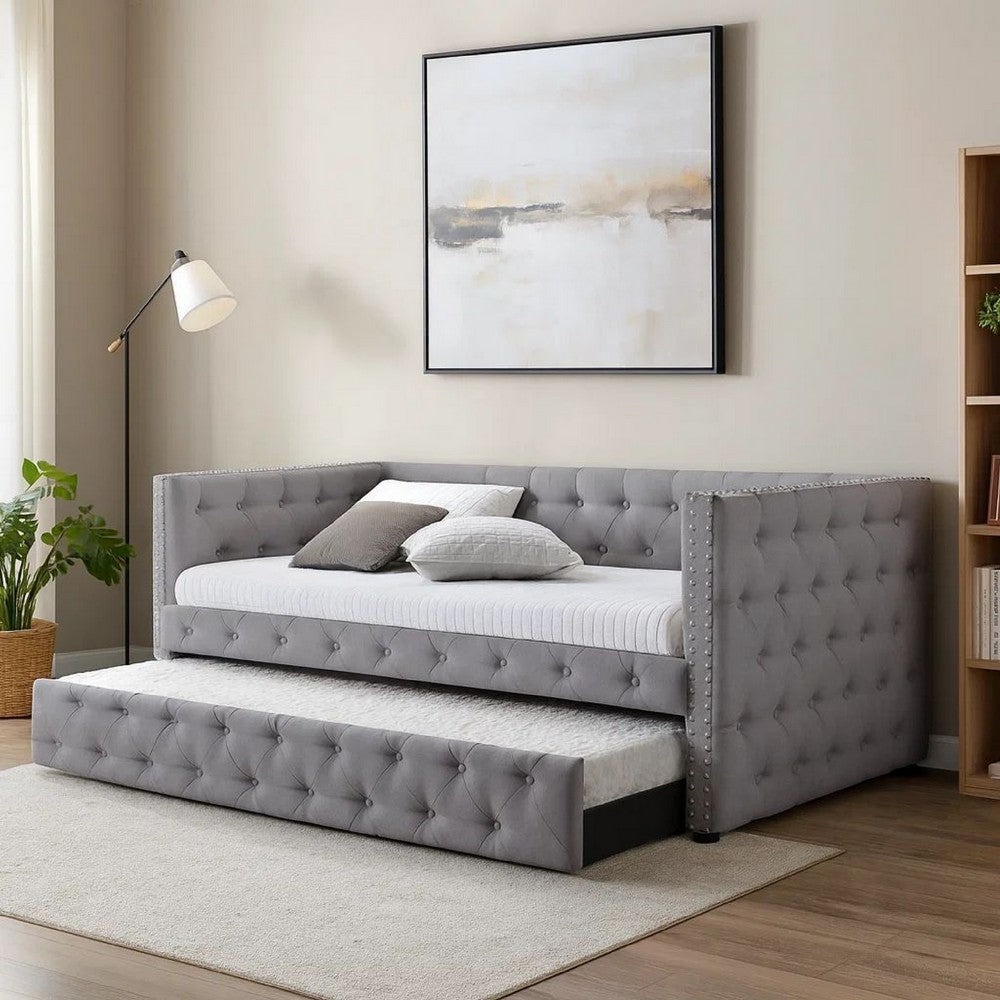 Fabric Upholstered Button Tufted Twin Daybed with Nailhead Trims, Gray