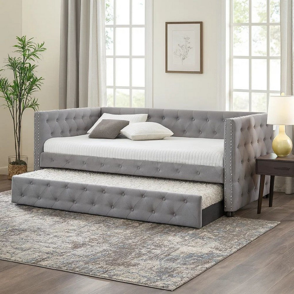 Fabric Upholstered Button Tufted Twin Daybed with Nailhead Trims, Gray