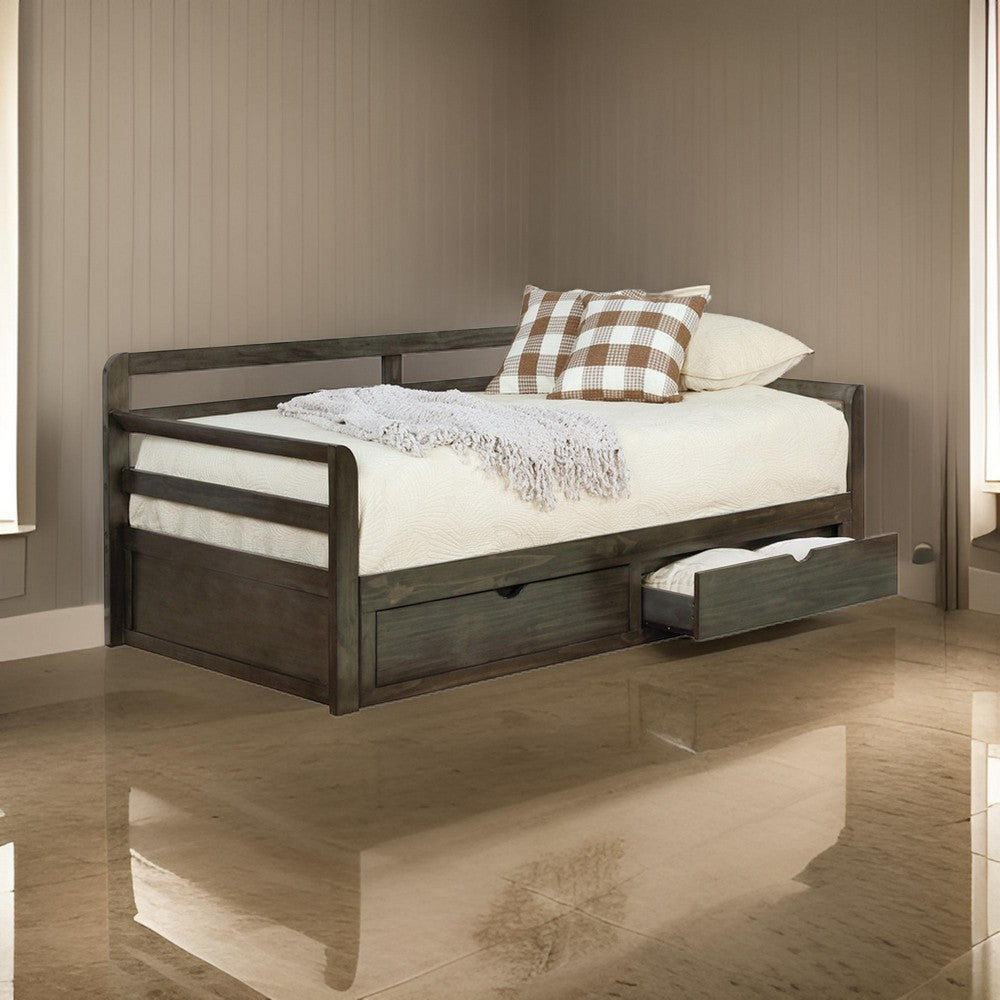 Wood Bed | Extra Large Twin Size | 2 Drawer Nightstand | Trundle | Brown