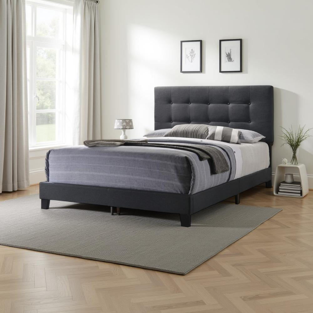 Queen Size Bed with Square Button Tufted Headboard, Dark Gray By Casagear Home