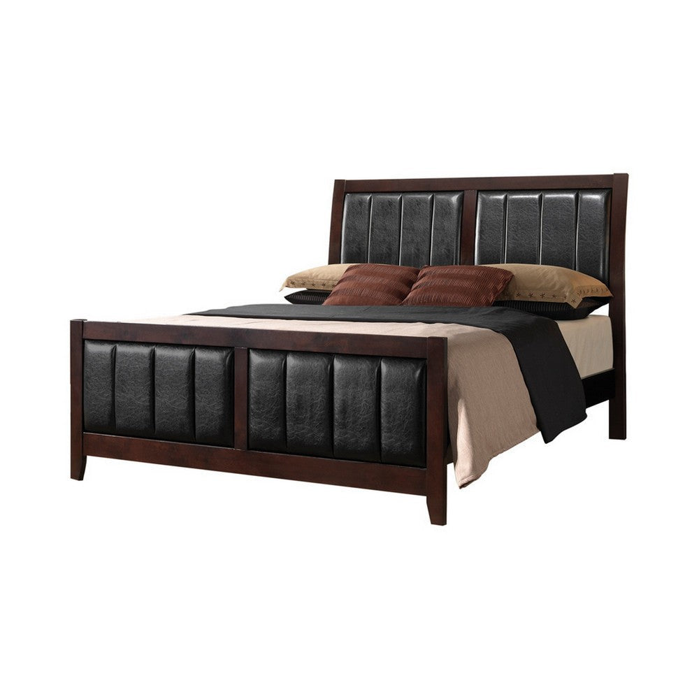 Leatherette Padded Queen Size Bed with Vertical Channels, Brown