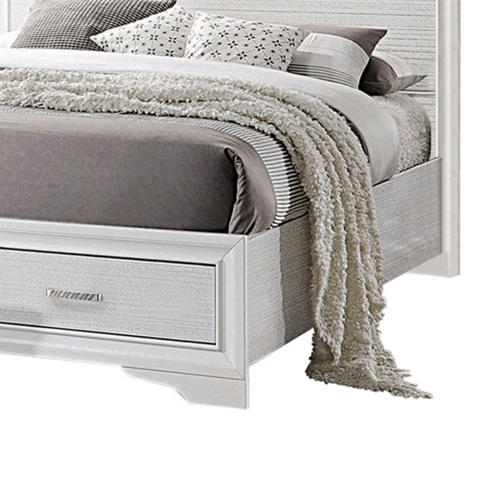 Contemporary Eastern King Bed with Drawers and Glittering Stripes White BM216148