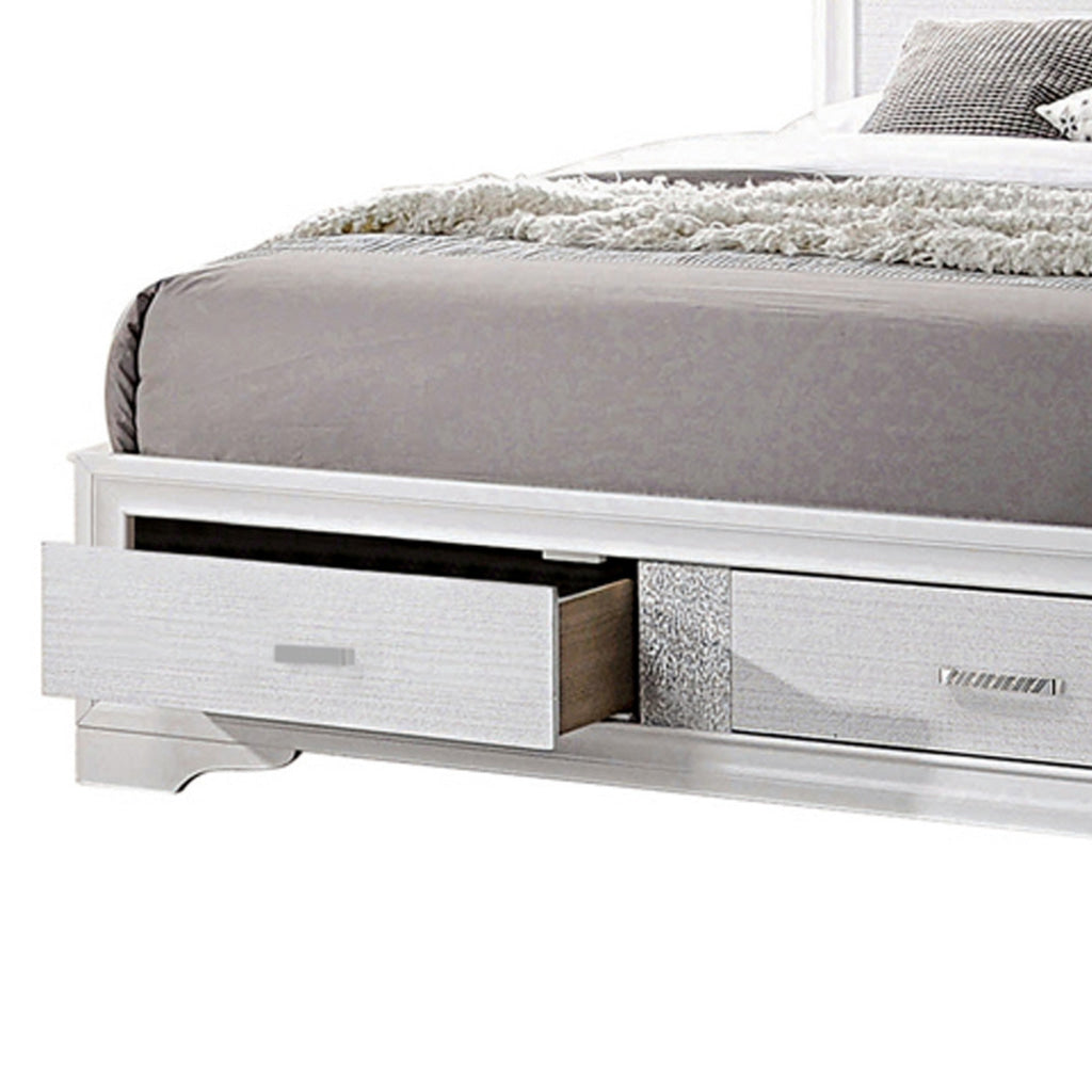 Contemporary Eastern King Bed with Drawers and Glittering Stripes White BM216148