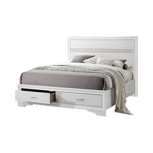 Contemporary Eastern King Bed with Drawers and Glittering Stripes, White