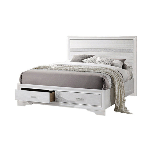 Contemporary Eastern King Bed with Drawers and Glittering Stripes, White
