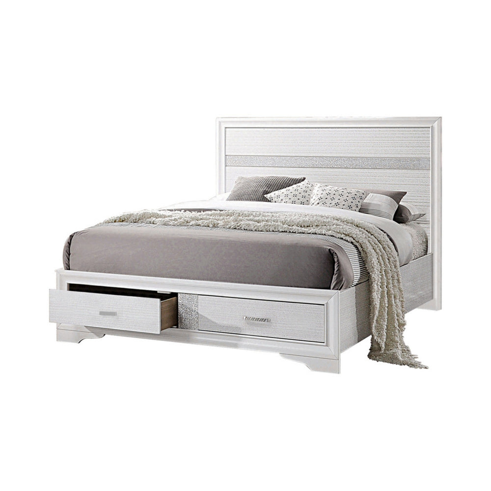 Contemporary Eastern King Bed with Drawers and Glittering Stripes, White