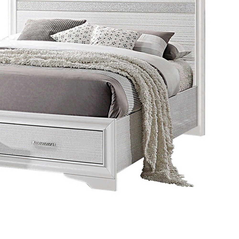 Contemporary Queen Bed with Drawers and Glittering Stripes, White