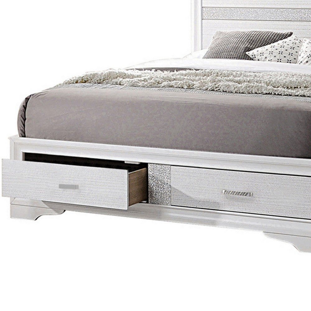 Contemporary Queen Bed with Drawers and Glittering Stripes, White