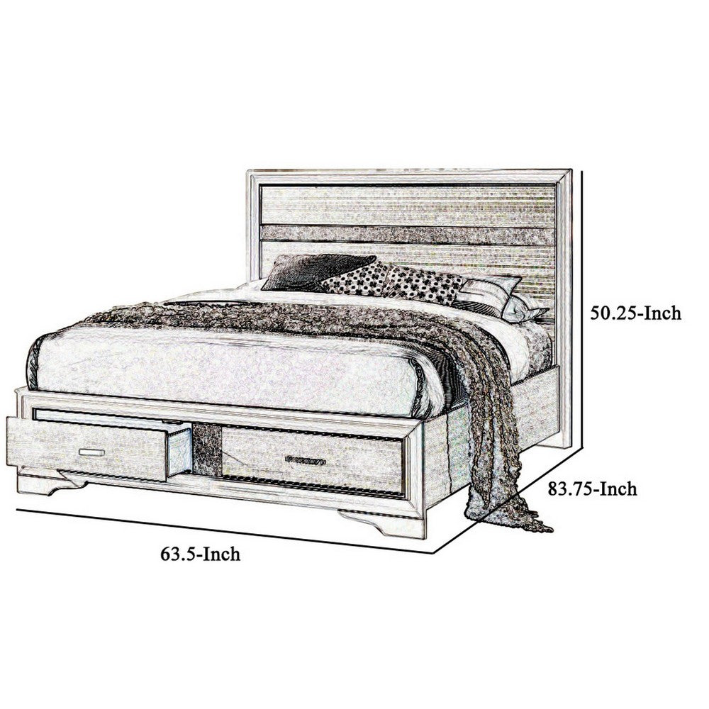 Contemporary Queen Bed with Drawers and Glittering Stripes, White