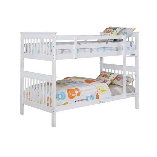 Mission Style Twin Over Twin Bunk Bed with Attached Ladder, White
