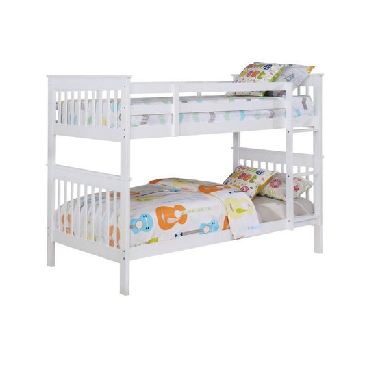 Mission Style Twin Over Twin Bunk Bed with Attached Ladder, White