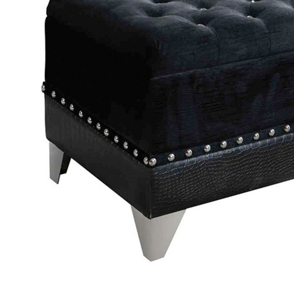 Faux Leather Storage Bench | Nailhead Trim | Button Tufted Seat | Black