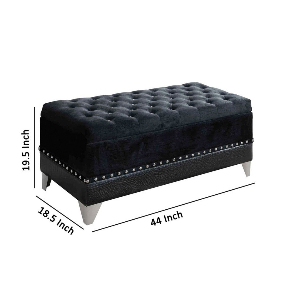 Faux Leather Storage Bench | Nailhead Trim | Button Tufted Seat | Black
