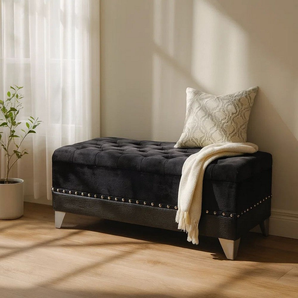 Faux Leather Storage Bench | Nailhead Trim | Button Tufted Seat | Black