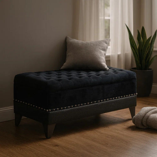Faux Leather Storage Bench | Nailhead Trim | Button Tufted Seat | Black