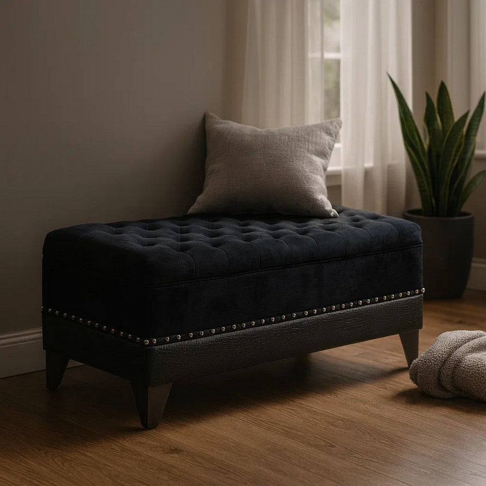 Faux Leather Storage Bench | Nailhead Trim | Button Tufted Seat | Black