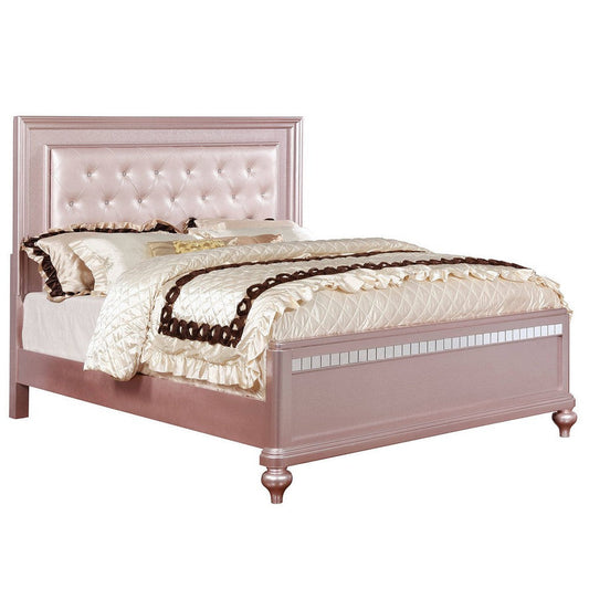Contemporary Bed | Queen Size | Wood Frame | Mirror Trim Details | Pink