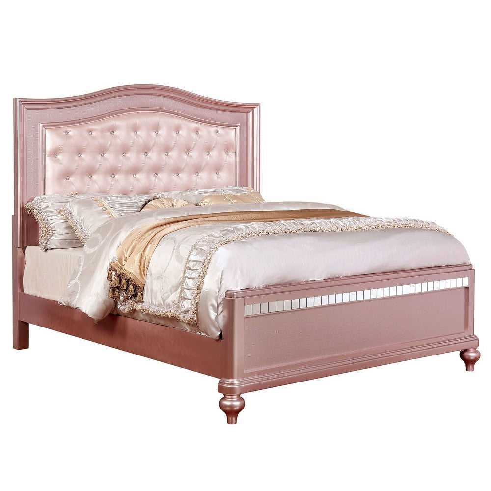 Full Size Wooden Bed With Mirror Trim Details and Camelback Headboard, Pink By Casagear Home