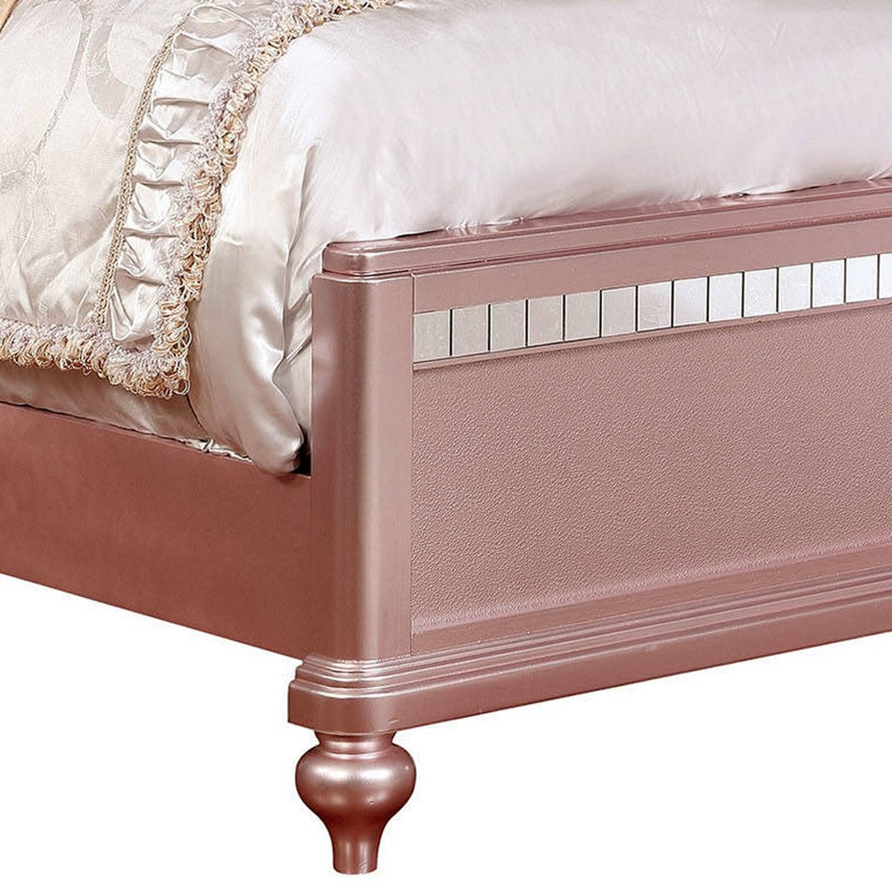 Queen Size Wooden Bed With Mirror Trim Detail and Camelback Headboard Pink By Casagear Home BM216260