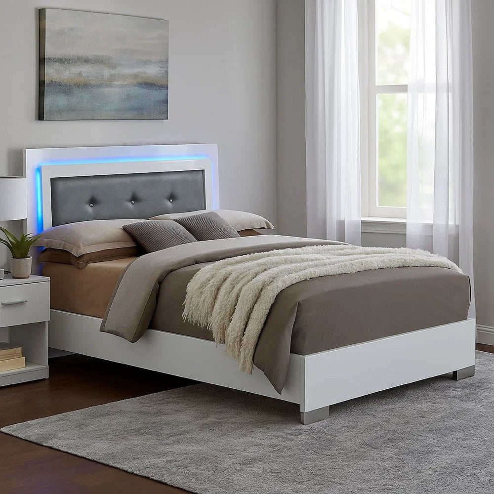 Wooden Queen Bed with Leatherette Headboard and LED trims, White and Black