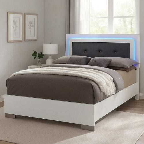 Wooden Queen Bed with Leatherette Headboard and LED trims, White and Black