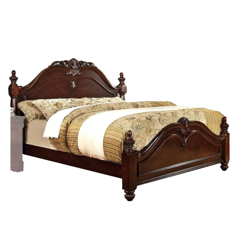 Traditional Bed | California King | Wood Frame | Floral Carvings | Brown
