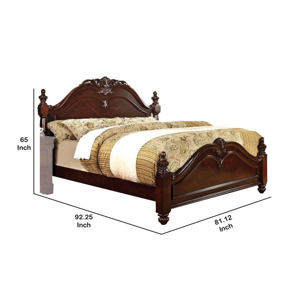 Traditional Style California King Wooden Bed with Floral Carvings Brown By Casagear Home BM216288