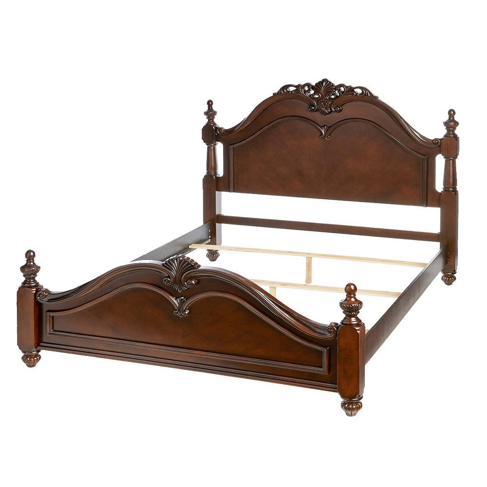Traditional Bed | King Size | Wood Frame | Floral Carvings | Brown