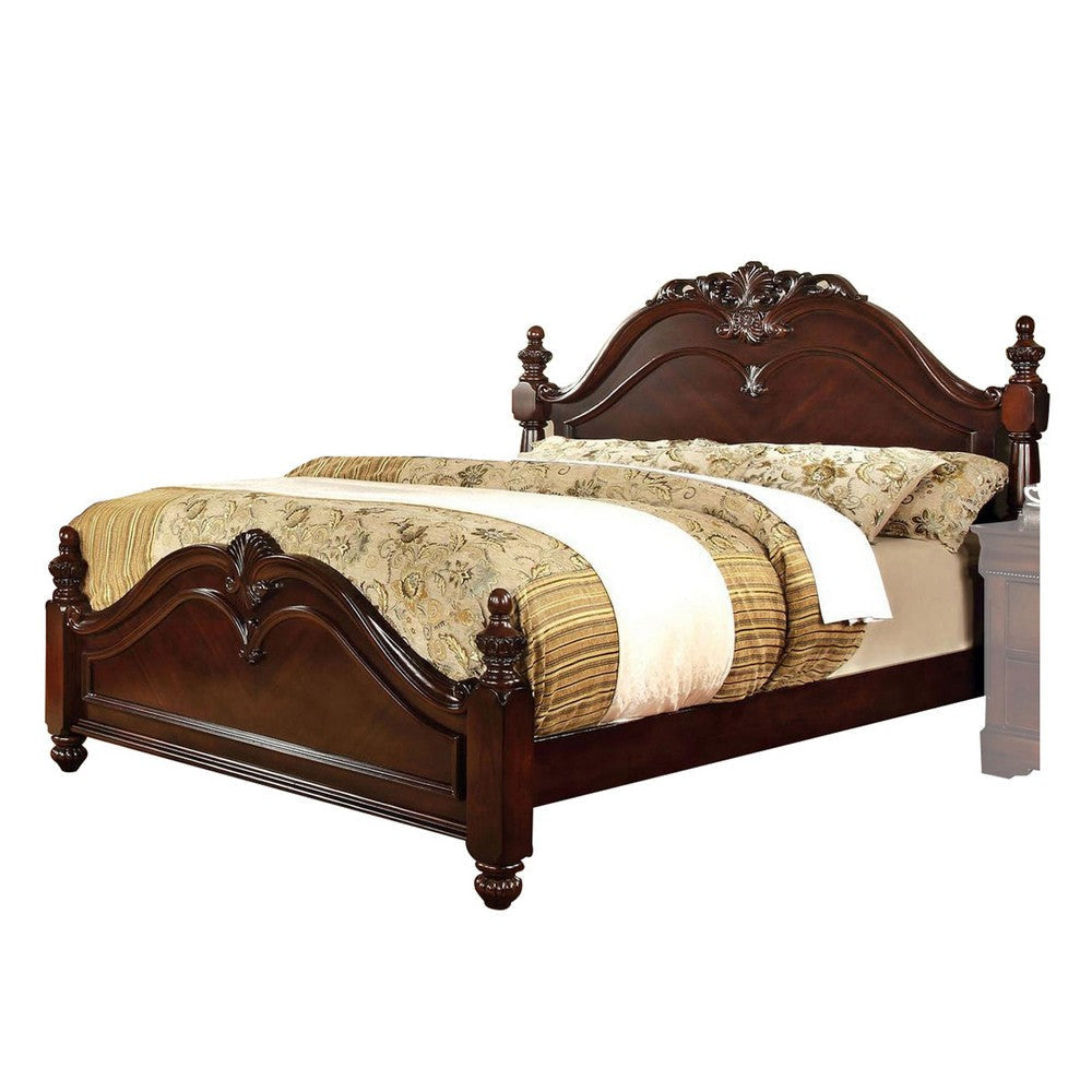 Traditional Bed | King Size | Wood Frame | Floral Carvings | Brown