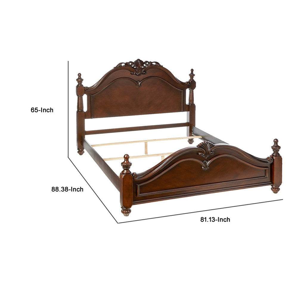 Traditional Bed | King Size | Wood Frame | Floral Carvings | Brown