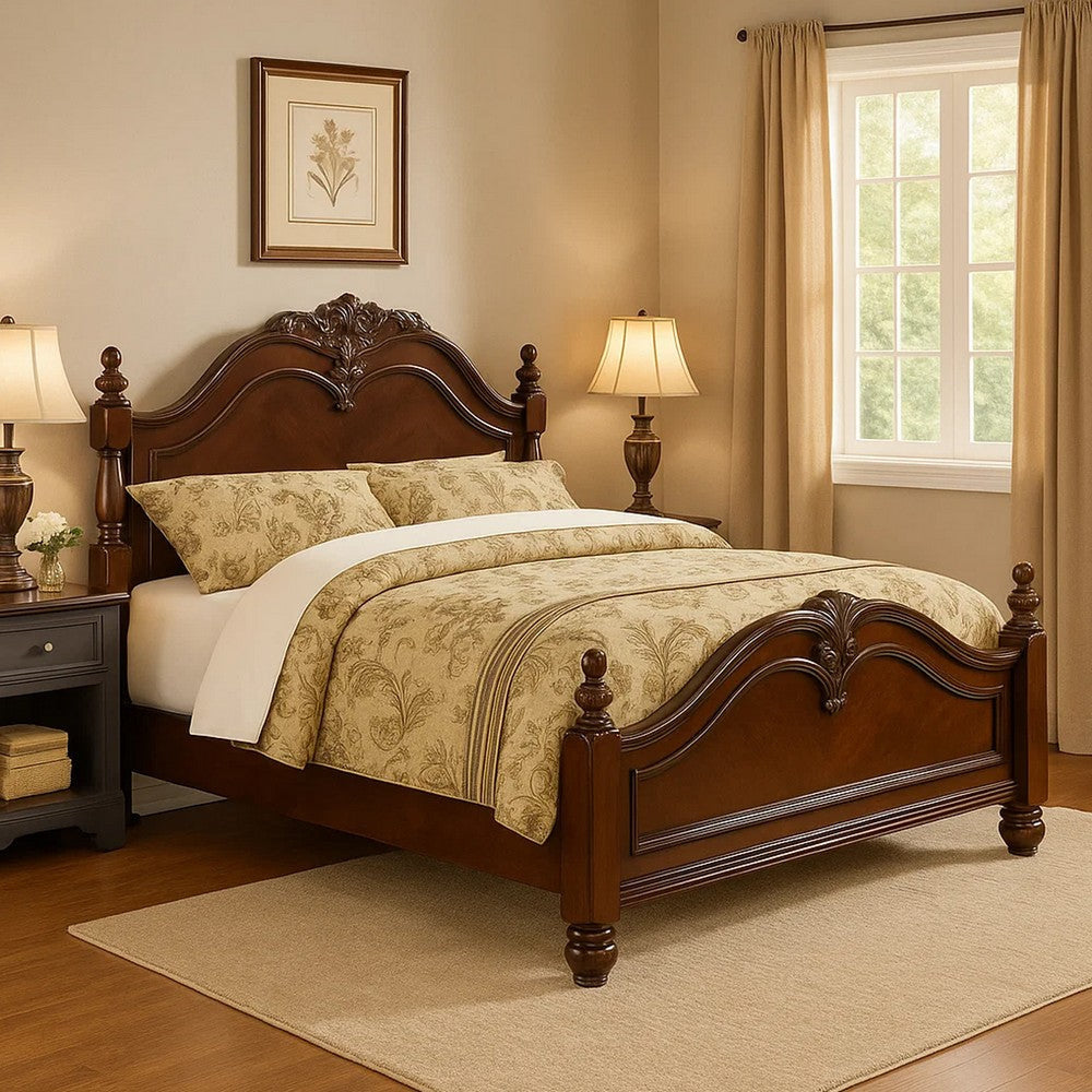 Traditional Bed | King Size | Wood Frame | Floral Carvings | Brown