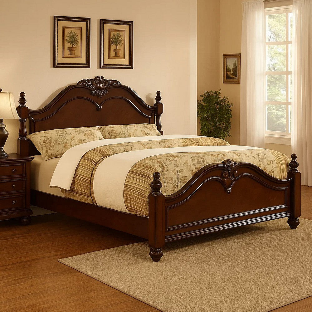 Traditional Bed | King Size | Wood Frame | Floral Carvings | Brown