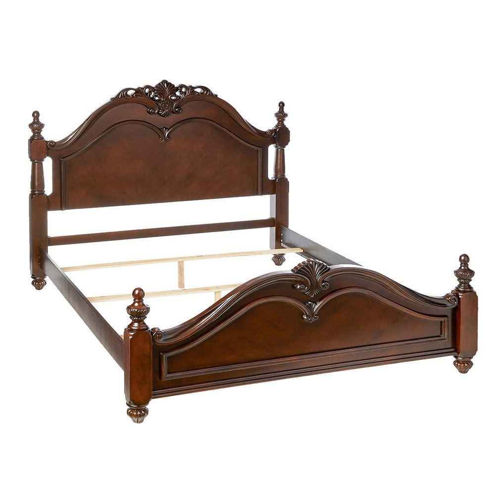 Traditional Bed | King Size | Wood Frame | Floral Carvings | Brown